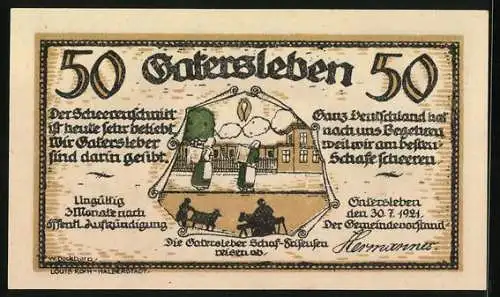 Notgeld Gatersleben 1921, 50 Pfennig, die Gatersleber Schaf-Friseusen, Max & Moritz mit Graffiti