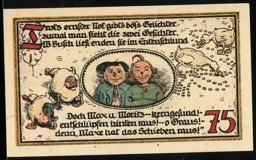 Notgeld Gatersleben 1921, 75 Pfennig, Die Gatersleber Warte, Max und Moritz