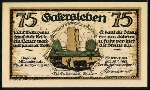 Notgeld Gatersleben 1921, 75 Pfennig, Die Gatersleber Warte, Max und Moritz