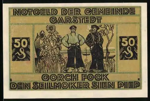 Notgeld Garstedt, 50 Pfennig, Gorch Fock, Den Seilmoker sien Piep