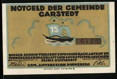 Notgeld Garstedt, 75 Pfennig, Gorch Fock, Krischon Honolulu, Segelschiff