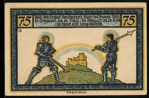 Notgeld Geldern, 75 Pfennig, Die bewaffneten Ritter vor der Burg