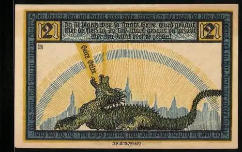 Notgeld Geldern, 2 Mark, Der Drache vor der Stadt