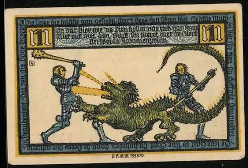 Notgeld Geldern, 1 Mark, Wappen, Zwei Ritter bekämpfen den Drachen
