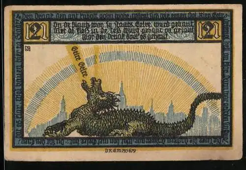 Notgeld Geldern 1922, 2 Mark, Der Drache vor der Stadt
