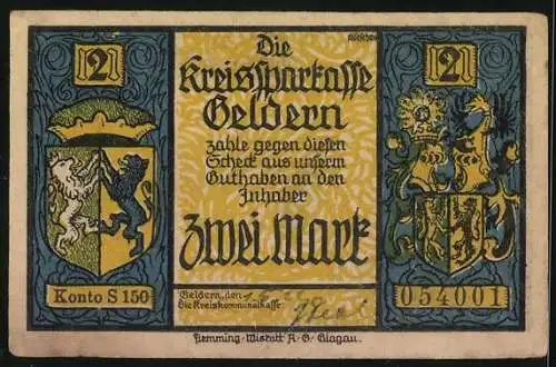 Notgeld Geldern 1922, 2 Mark, Der Drache vor der Stadt
