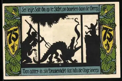 Notgeld Geldern 1921, 75 Pfennig, Der Drache wird rücklings attackiert