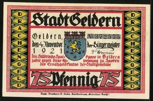 Notgeld Geldern 1921, 75 Pfennig, Bürger schleichen sich an schlafenden Drachen heran