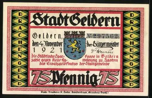 Notgeld Geldern 1921, 75 Pfennig, Soldaten schärfen ihre Waffen