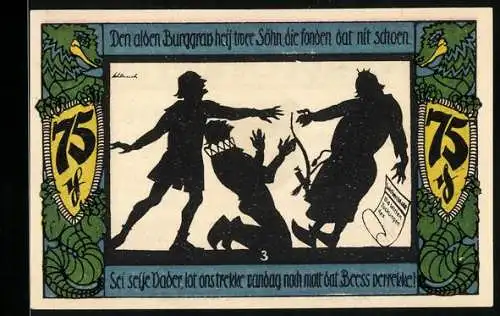 Notgeld Geldern 1921, 75 Pfennig, Söhne flehen ihren Vater an, kämpfen zu dürfen