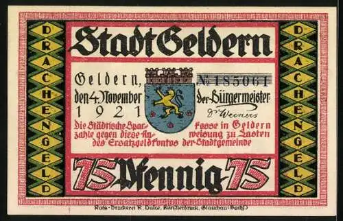 Notgeld Geldern 1921, 75 Pfennig, Söhne flehen ihren Vater an, kämpfen zu dürfen