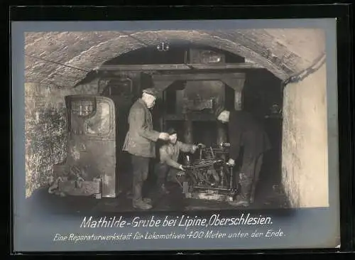 Fotografie unbekannter Fotograf, Ansicht Lipine / Oberschlesien, Mathilde Grube, Eisenbahn Werkstatt im Bergwerk