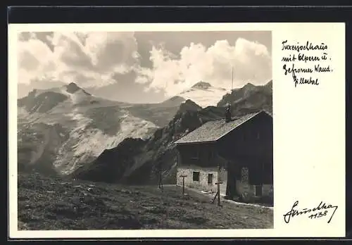 Foto-AK Hans Hruschka Nr. 1138: Tuxerjochhaus, Berghütte mit Olperer und Gefrorener Wand
