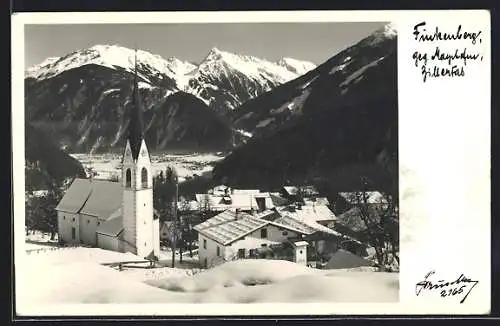 Foto-AK Hans Hruschka Nr. 2165: Finkenberg /Zillertal, Ortsansicht gegen Mayrhofen im Winter