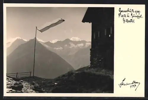 Foto-AK Hans Hruschka Nr. 977: Zillertal, Gamshütte gegen Floite und Gunggel
