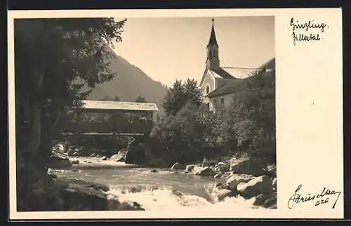 AK Ginzling / Zillertal, Uferpartie mit Kirche