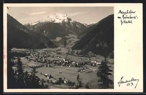 Foto-AK Hans Hruschka Nr. 7: Mayrhofen /Zillertal, Ortsansicht mit Blick zum Grünberg