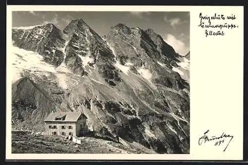 Foto-AK Hans Hruschka Nr. 571: Greizerhütte, Berghütte mit Mörchnergruppe
