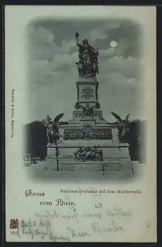 Mondschein-AK Rüdesheim am Rhein, National-Denkmal auf dem Niederwald