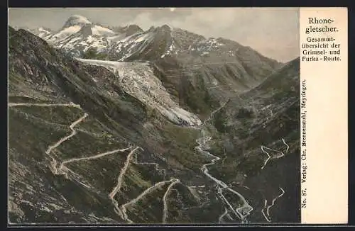 AK Furkapass, Rhonegletscher mit Gesamtübersicht der Grimsel- und Furka-Route