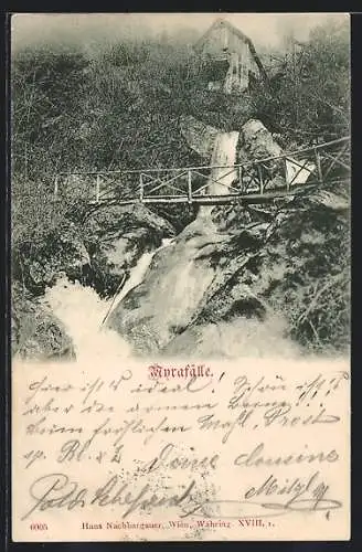 AK Myrafälle, Wasserfall mit Holzbrücke