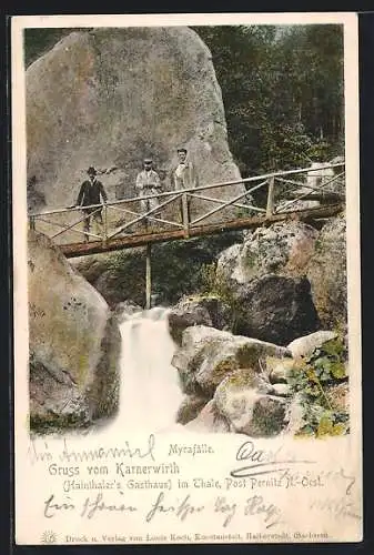AK Myrafälle, Wasserfall und Besucher auf Holzbrücke