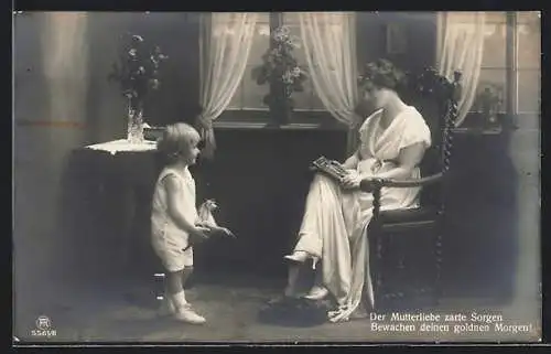AK Kind mit Steckenpferd und Mutter