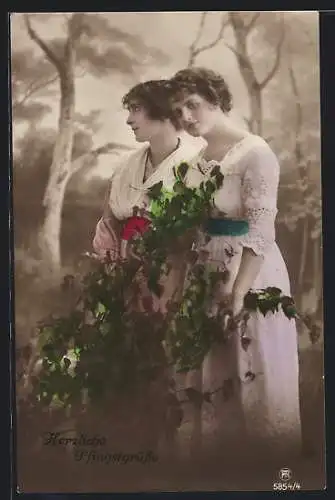 Foto-AK RPH Nr. 5854 /4: Zwei Frauen mit Zweigen und Pfingstgrüssen
