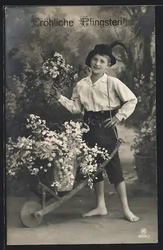 Foto-AK RPH Nr. 3359 /1: Junge mit Blumenkarren und Pfingstgruss