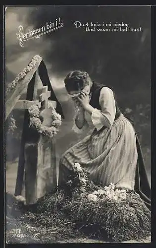 Foto-AK RPH Nr. 2858 /3: Verlassen bin i!, Frau weint am Grab ihres Geliebten