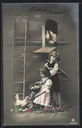 Foto-AK RPH Nr. 3262 /5: Zwei Kinder beim Eiersammeln mit Ostergruss