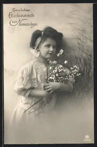 Foto-AK RPH Nr. 2444 /1: Mädchen mit blühenden Zweigen und Namenstagsgruss