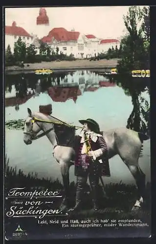 AK Trompeter von Säckingen vor einem Teich, Behüt Dich Gott!