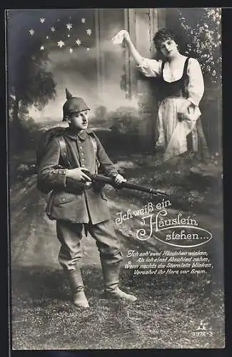 Foto-AK Photochemie Berlin Nr. 3972-3: Ich weiss ein Häuslein stehen, Soldat denkt an seine Frau