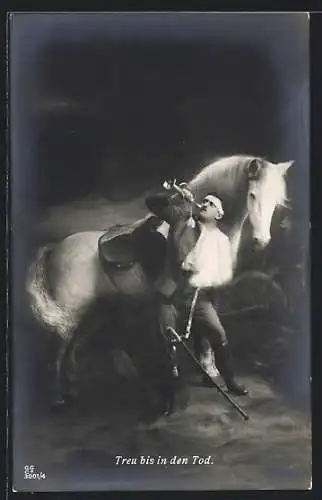 AK Kavalleriereiter und Pferd, Treu bis in den Tod, Trompetensignal des Soldaten