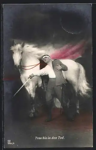 AK Treu bis in den Tod, verwundeter Kavallerist mit seinem Pferd