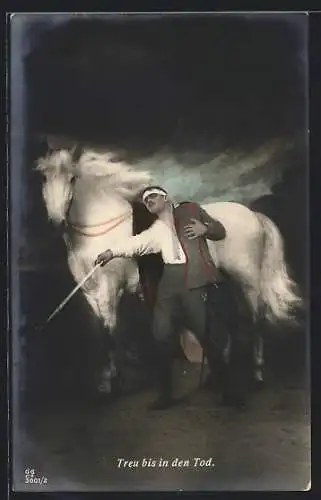 AK Treu bis in den Tod, verwundeter Kavallerist mit seinem Pferd