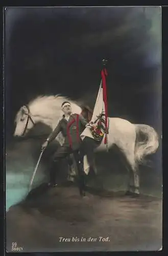 AK Treu bis in den Tod, Soldat der Kavallerie mit einer Flagge vor seinem Pferd