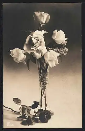 Foto-AK GG Co. Nr. 2581 /6: Eine schmale Vase mit einem Strauss heller Rosen, eine dunkle daneben