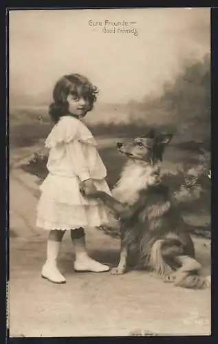 Foto-AK GG Co. Nr. 321 /2: Ein junges Mädchen im weissen Kleid hält die Pfote ihres Hundes