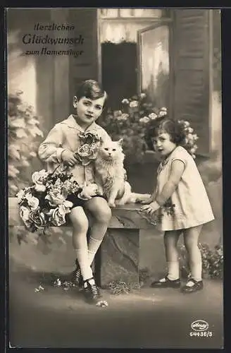 Foto-AK Amag Nr. 64436 /3: Kinder mit Blumengrüssen zum Namenstag