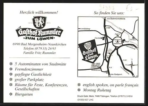 AK Bad Mergentheim-Neunkirchen, Gasthof Zum Löwen, Bes. Fam. Fritz Rummler