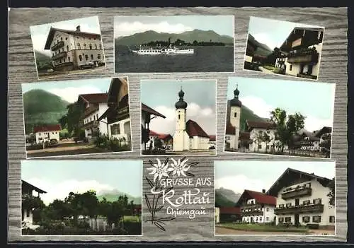 AK Rottau /Chiemgau, Dampfer auf dem See, Ortspartie an der Kirche
