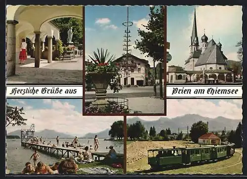 AK Prien am Chiemsee, Ortspartie, Kirche und Badesteg