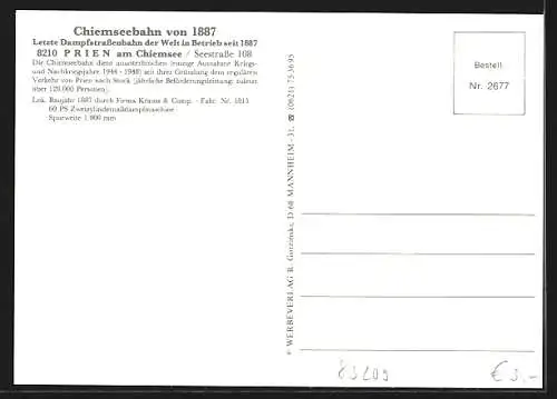 AK Prien am Chiemsee, Chiemseebahn von 1887 vor Restaurant in der Seestrasse