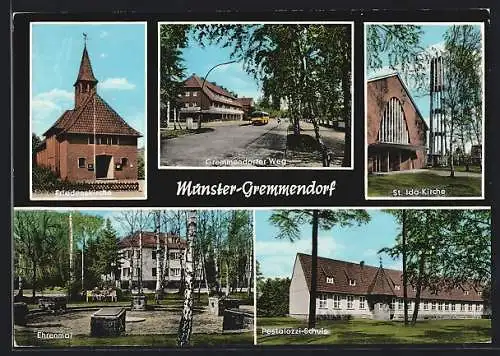 AK Münster-Gremmendorf / Westfalen, Friedenskirche, Gremmendorfer Weg und Pestolazzi-Schule