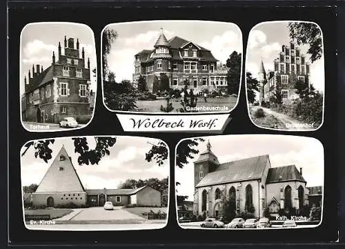 AK Wolbeck /Westf., Gartenbauschule, Drostenhof, Torhaus und Kirchen