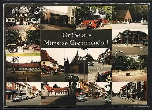AK Münster-Gremmendorf / Westfalen, Gaststätte, Strassenpartien mit Geschäften und Stadtsparkasse, Eisenbahn