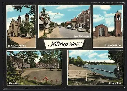 AK Hiltrup /Westf., St. Clemenskirche, Bahnhofstrasse, Polizeiinstitut und Steiner See