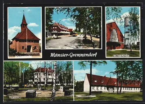 AK Münster-Gremmendorf / Westfalen, Friedenskirche, Gremmendorfer Weg, St. Ida Kirche und Pestalozzi-Schule